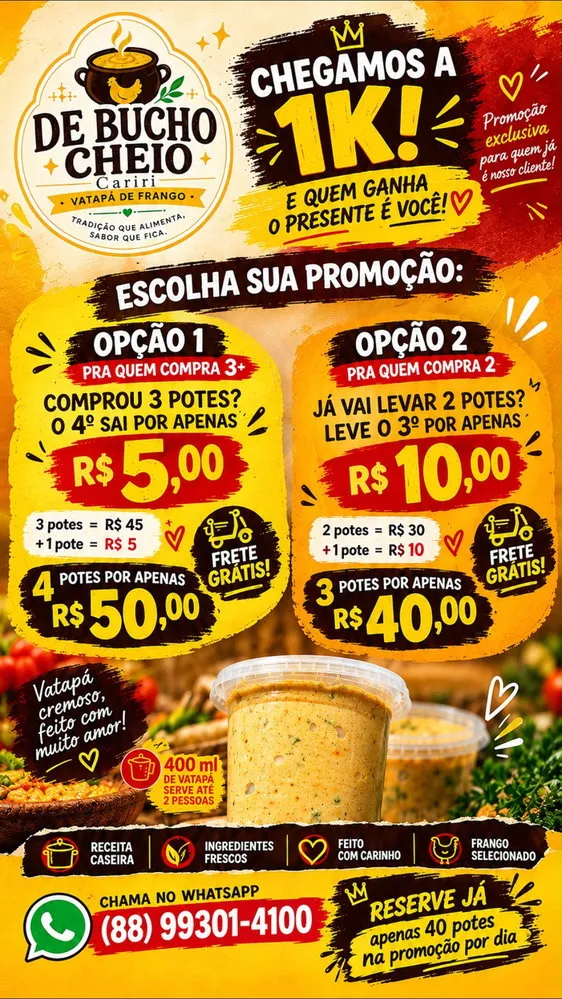 🎉🔥 CHEGAMOS A 1K SEGUIDORES E QUEM GANHA O PRESENTE É VOCÊ! ❤️🍲

A família De Bucho Cheio Cariri cresceu e queremos comemorar com vocês do j